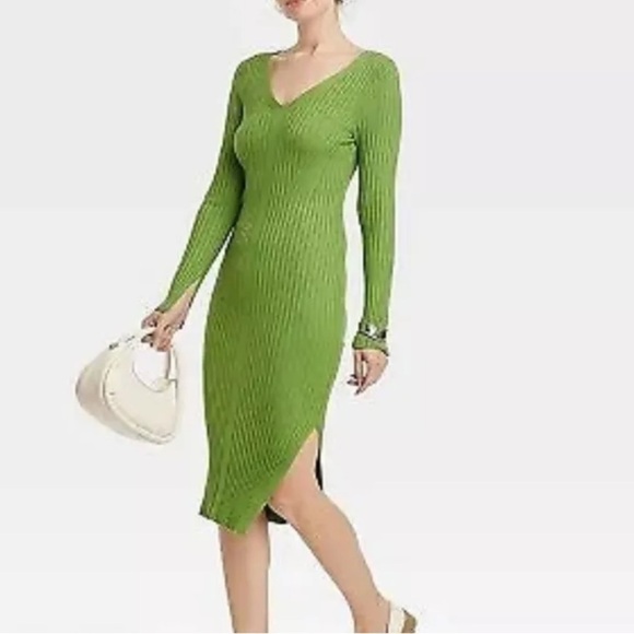 A New Day NWT Green V-Neck Long Sleeve Ribbed Stretchy Sweater Midi Dress - Picture 2 of 13